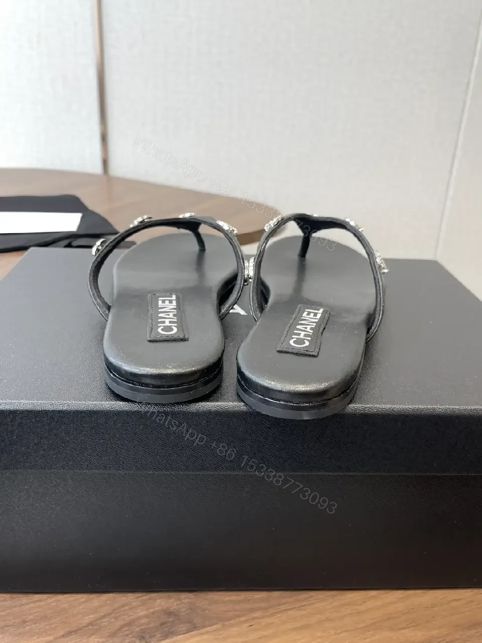 View 2 of Black Leather Flip-Flops Faux Pearl Thong Comfort CHANEL-inspired Sliders