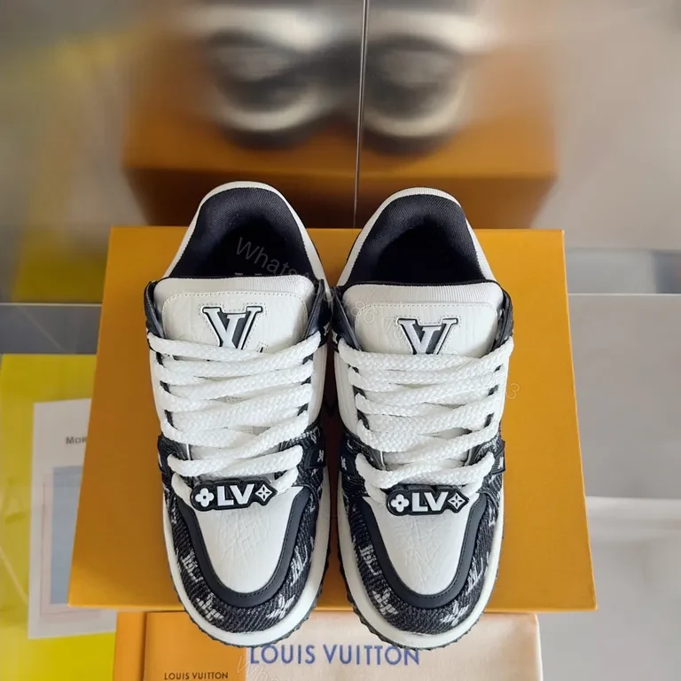 White Leather LV-Patterned Low-Top Sneakers — view 1