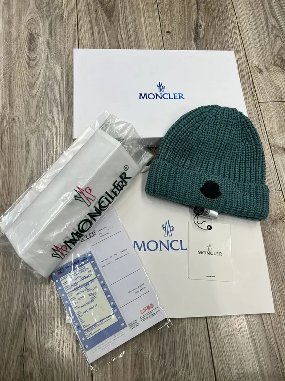 View 3 of Caramel Knit Beanie: Moncler Ribbed Wool Style, Logo Patch, Unisex