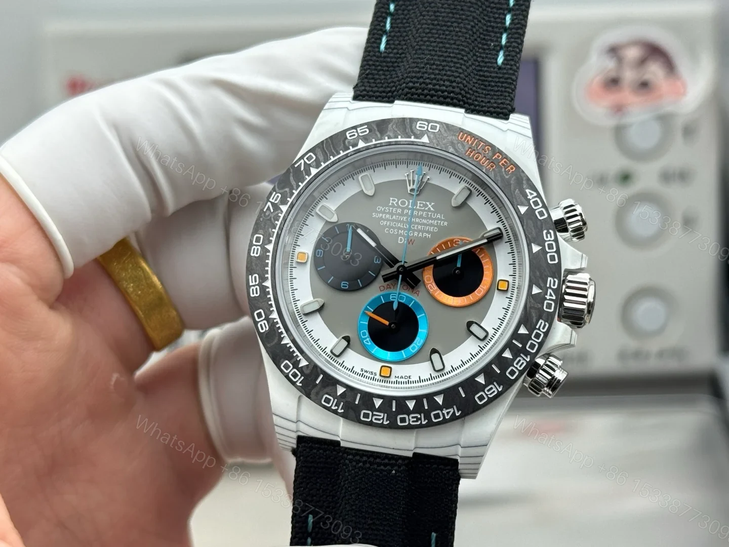 View 3 of Rolex Daytona Grey Carbon Fiber Replica 40MM Premium Black Fabric Strap RG-DAYTONA-GREY-CF-40