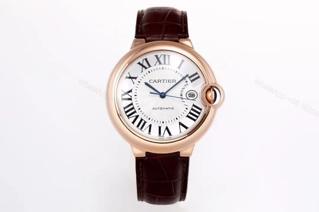 View 2 of V9 Factory Cartier Ballon Bleu 42mm Rose Gold Automatic Watch with Brown Alligator Strap