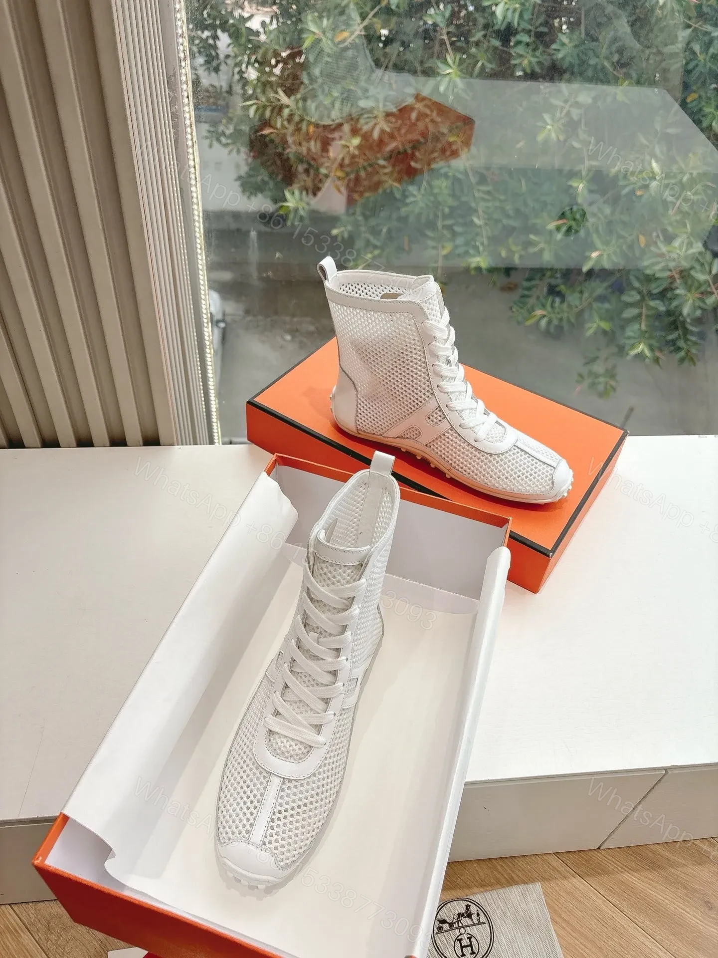 View 4 of Hermes Women White Mesh Leather Sneakers