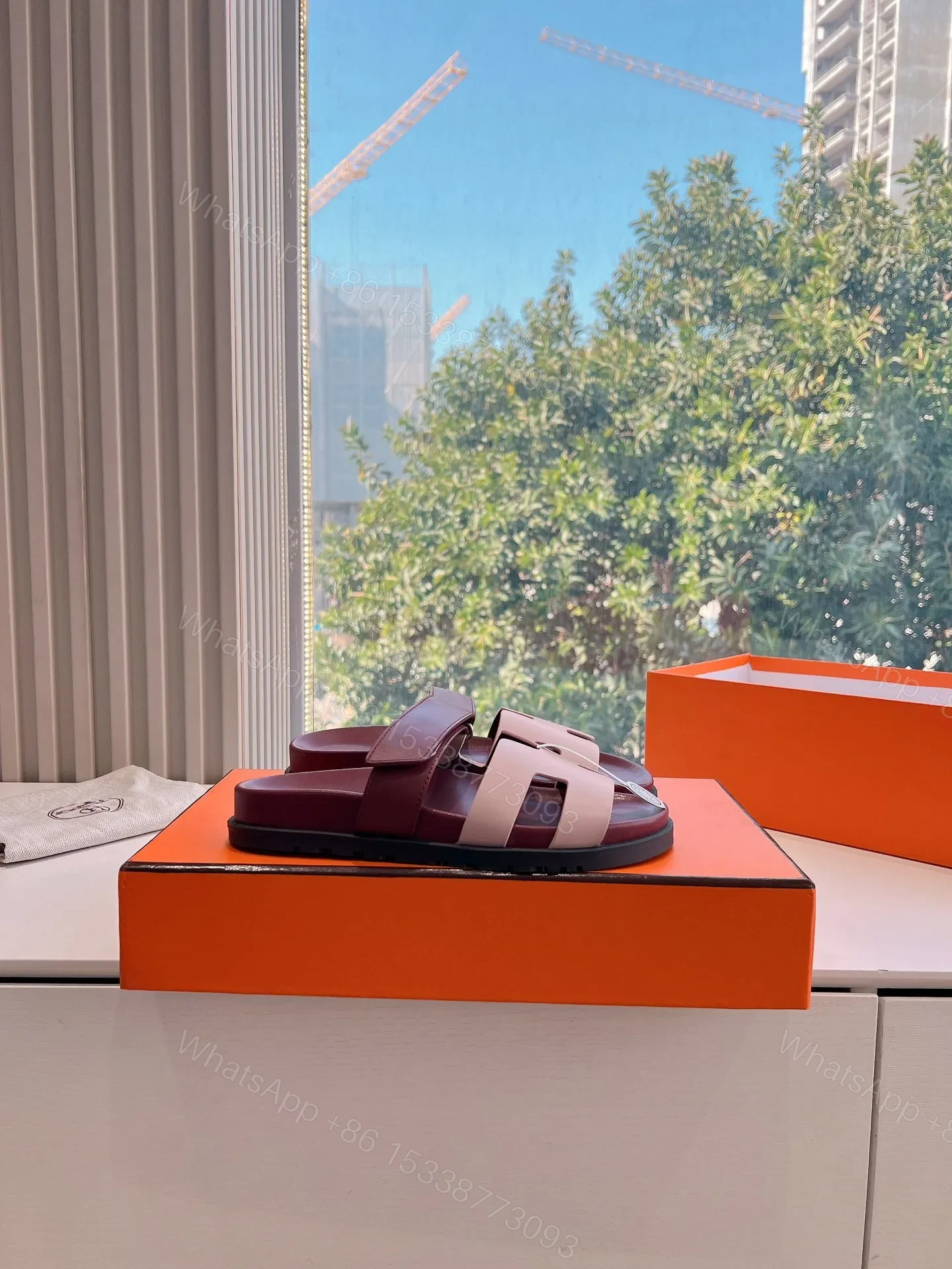 View 2 of Hermes Women Burgundy Leather Pink Accent Sandals