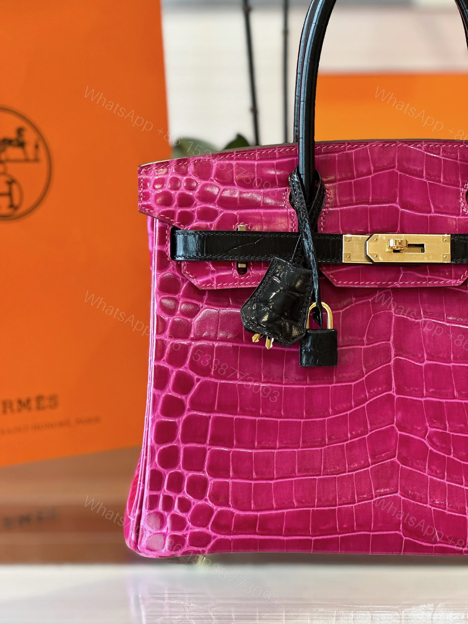 View 7 of Hermes Birkin Pink/Black Genuine Crocodile Leather Gold Hardware – Custom Made