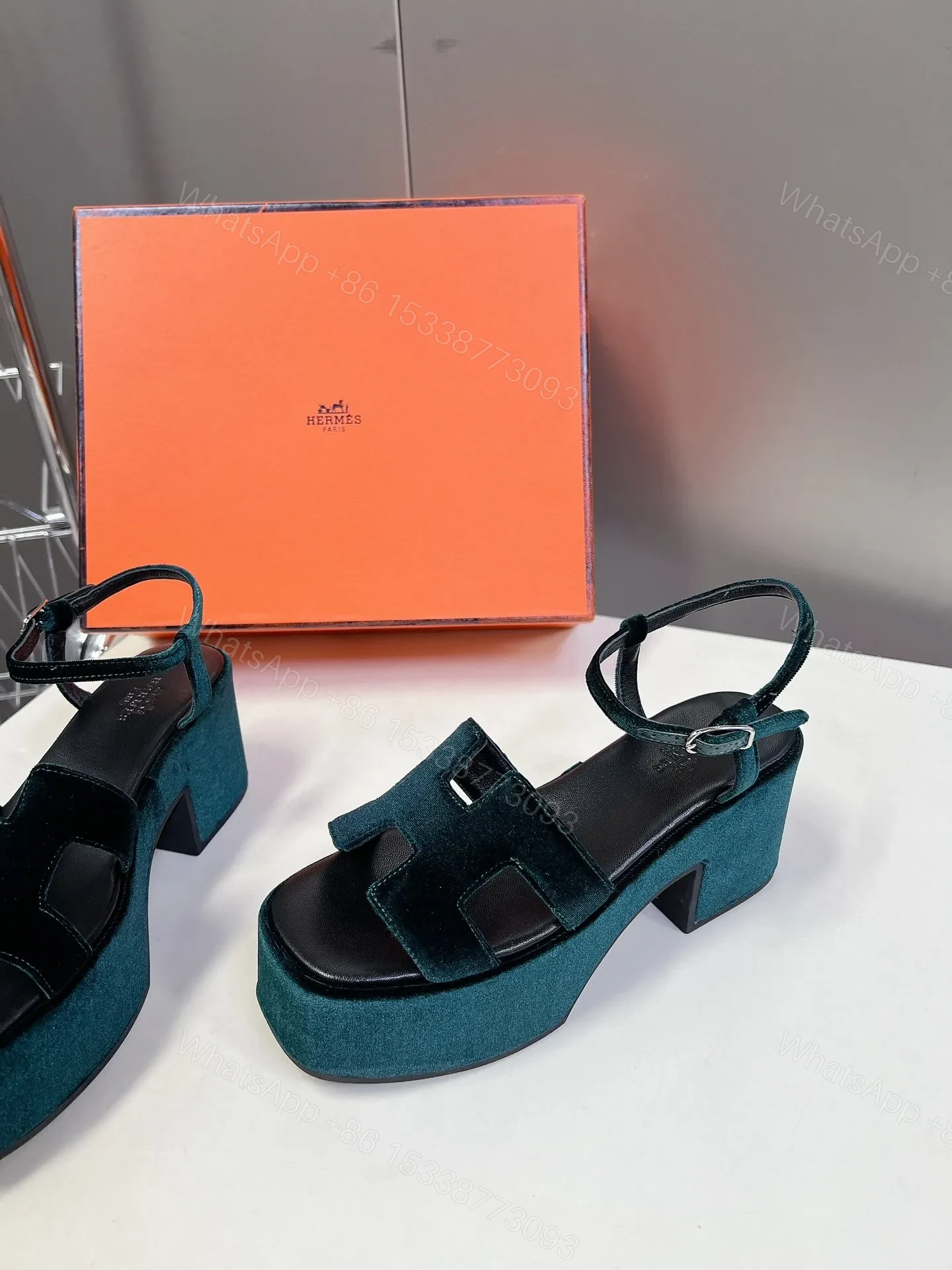 View 4 of Hermes Women Dark Green Velvet Sandals