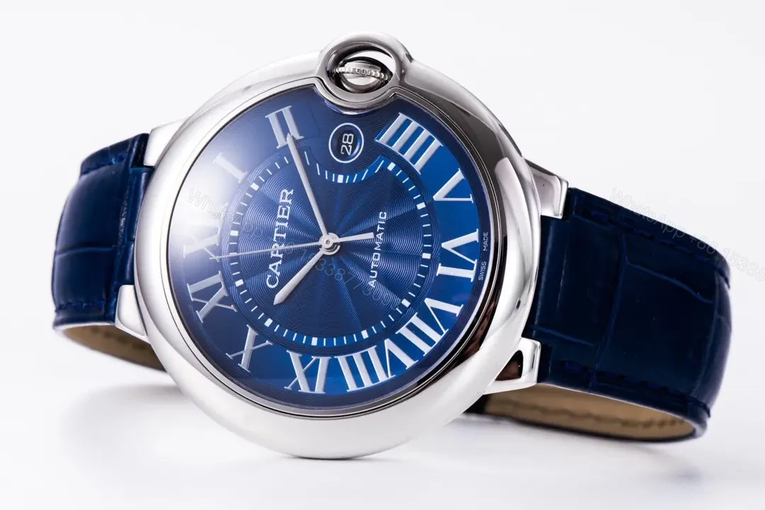 View 7 of JF Factory Cartier Ballon Bleu 42mm Blue Dial Stainless Steel Automatic Watch with Mississippi Alligator Leather Strap