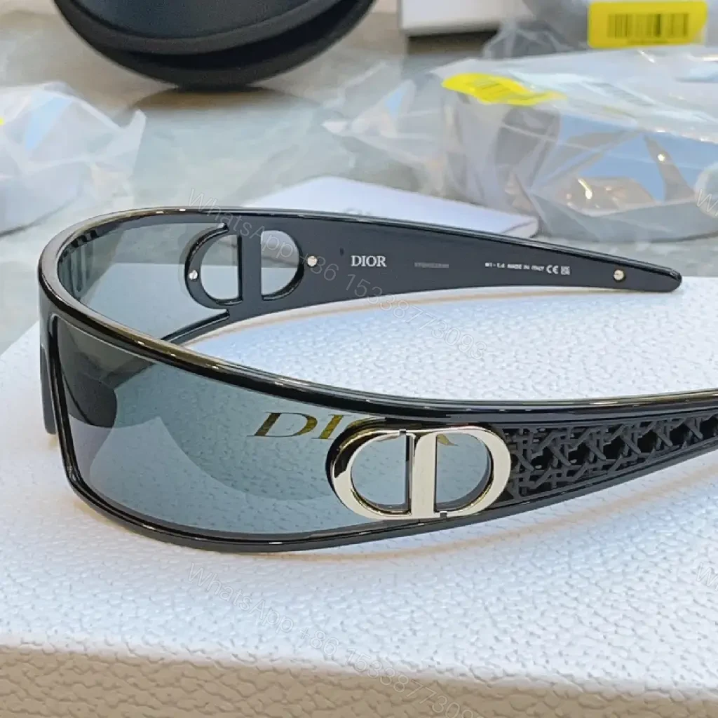 View 6 of Black Frame Sunglasses: Futuristic Wraparound, Dior Gold Logo Lenses