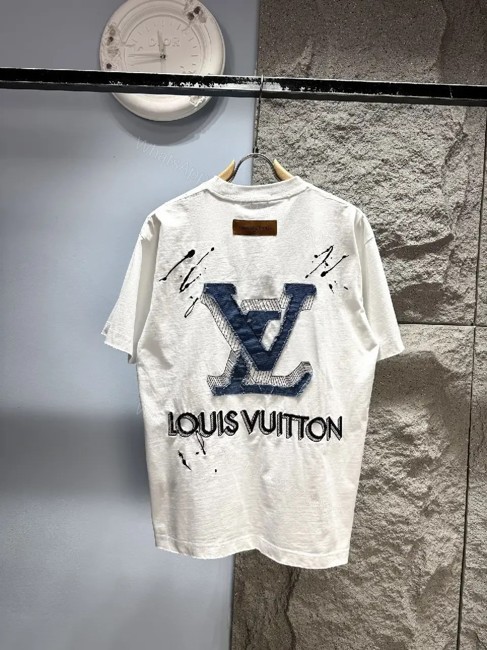 View 7 of White Distressed Tee with LV-Inspired Patch, Short Sleeve, Premium Cotton Blend