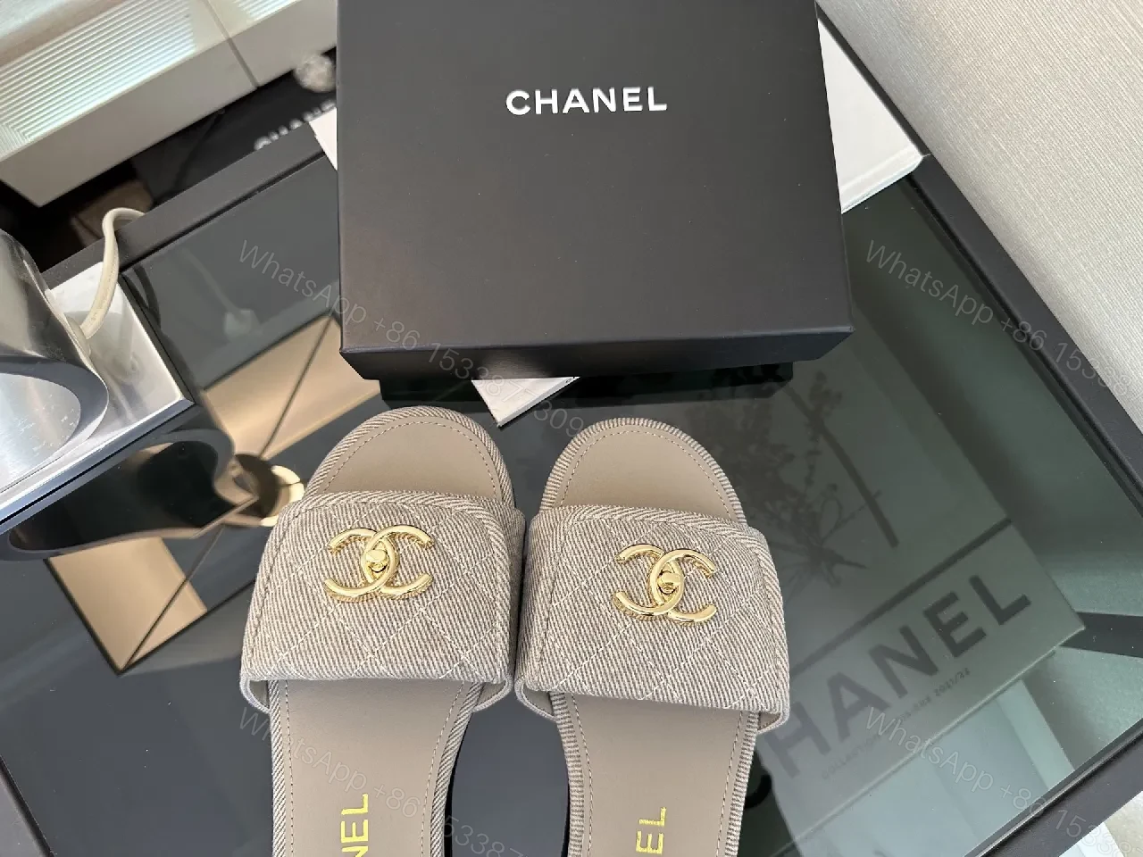 View 9 of Soft Denim Slides + Denim Texture + Minimalist Luxury + Gold Emblem + Slides