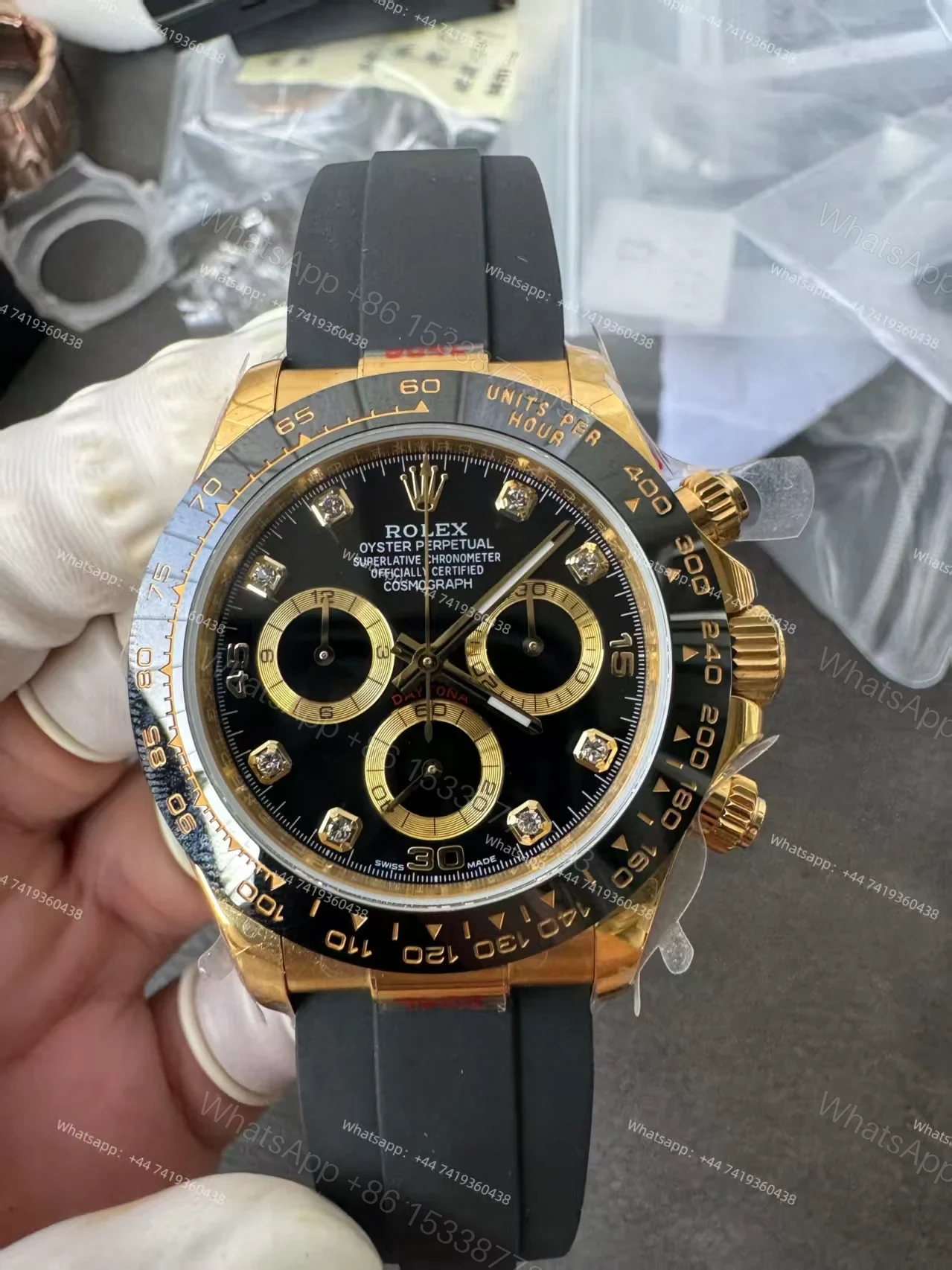 View 7 of Rolex Daytona 1:1 Replica – M116518LN-0078 Black Diamond Dial 18K Gold 4130 Super Clone