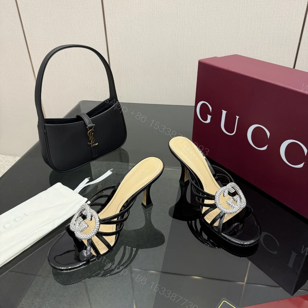 View 5 of Gucci Women Slide Sandal With Crystal Interlocking G Black