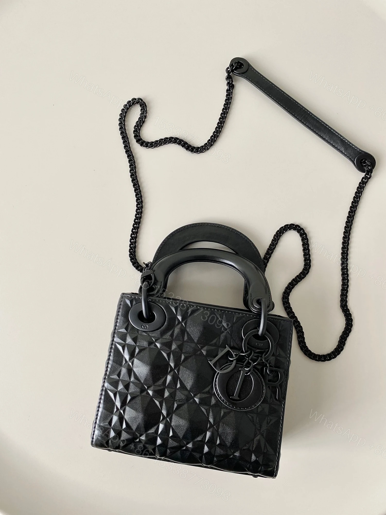 View 2 of Dior Lady Matte Like Auth Women’s Handbag Black Diamond Pattern 17cm