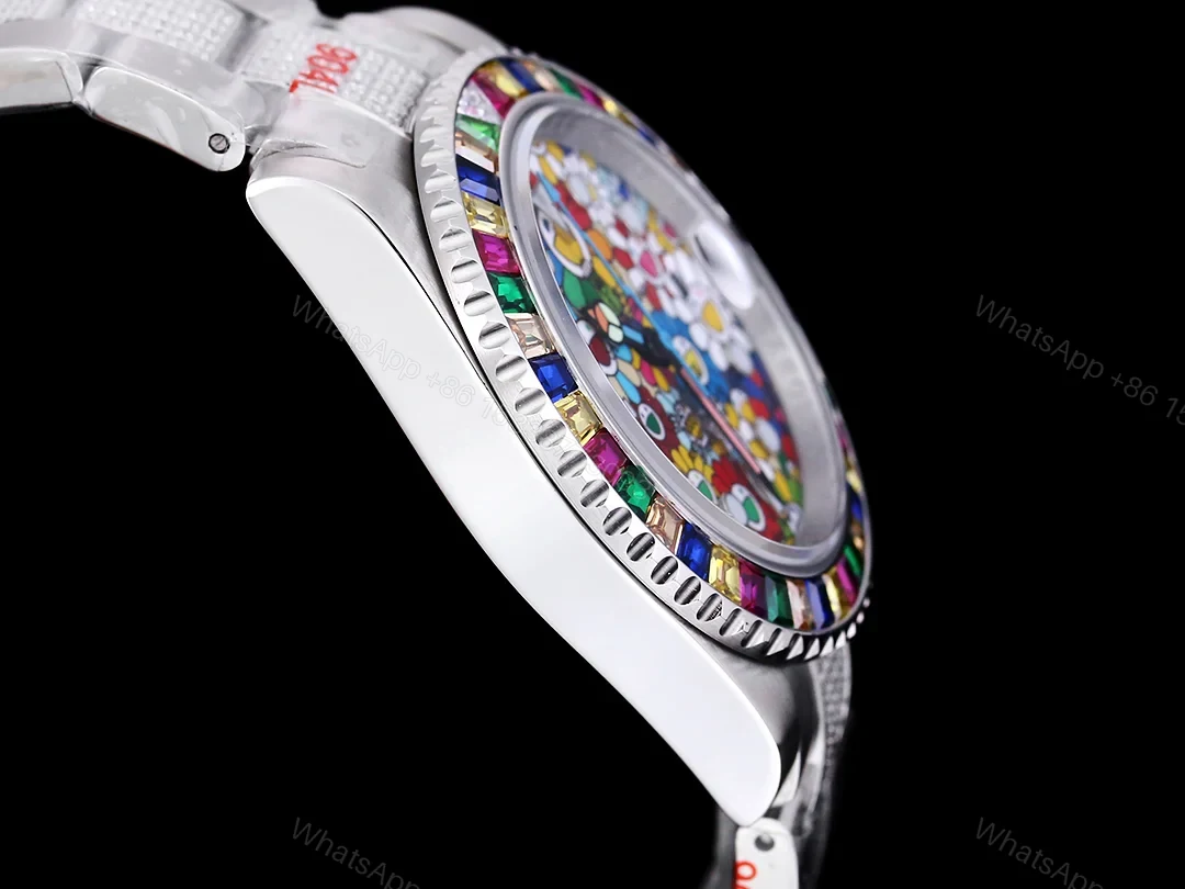 View 7 of Rolex Submariner Colorful Rainbow Replica 42MM Premium Pavé Oyster Bracelet RG-ROLEX-SUB-COLORFUL-RAINBOW-42