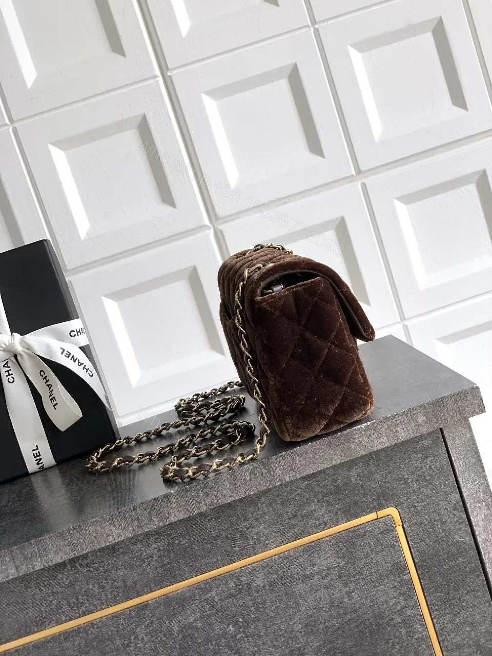 View 3 of Velvet Quilted Crossbody Bag: Gold Logo Flair