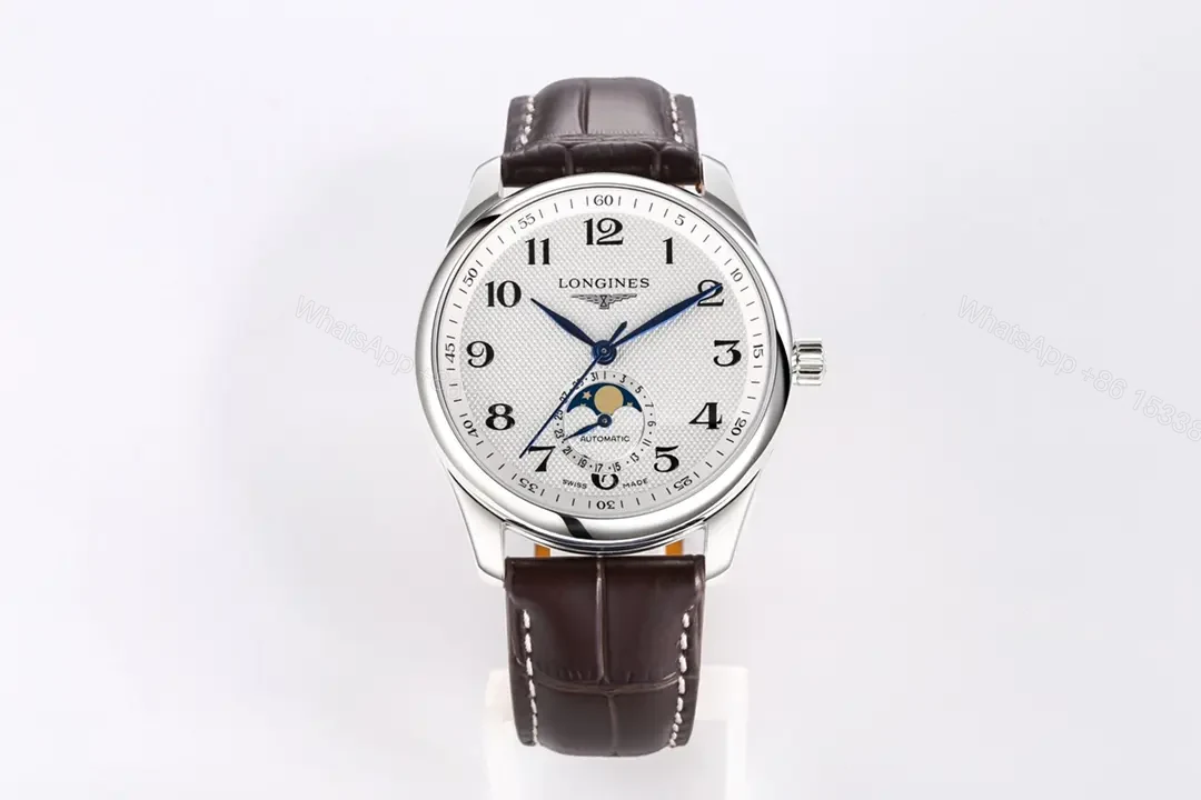 Longines Master Collection Moon Phase 40mm Watch Silver Dial Blue Hands Brown Leather Strap — view 1