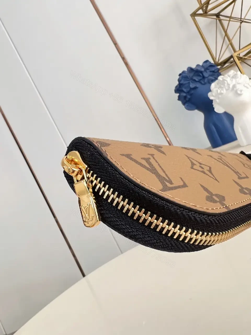 View 4 of Monogram Leather Compact Wallet: Signature Zip Closure