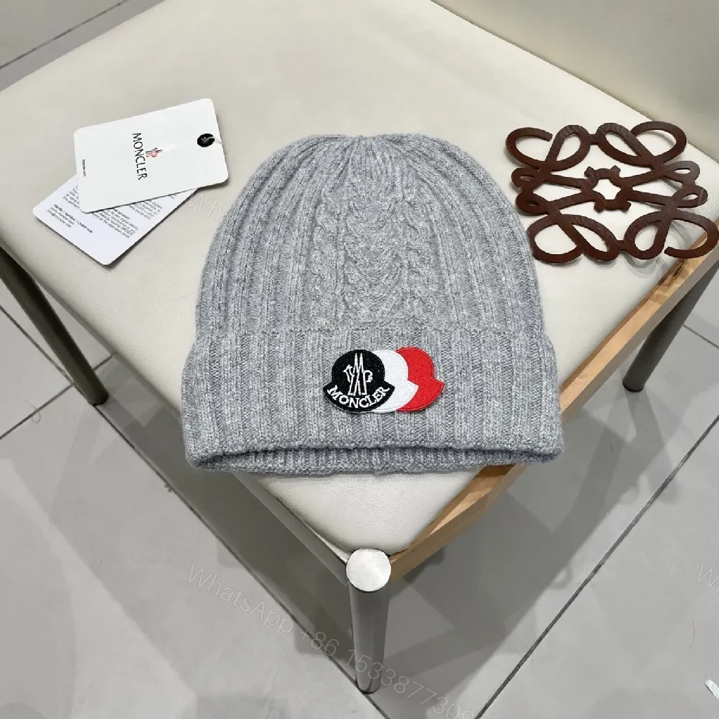 Grey Cable Knit Beanie - Moncler-Style Logo Knit Cap — view 1