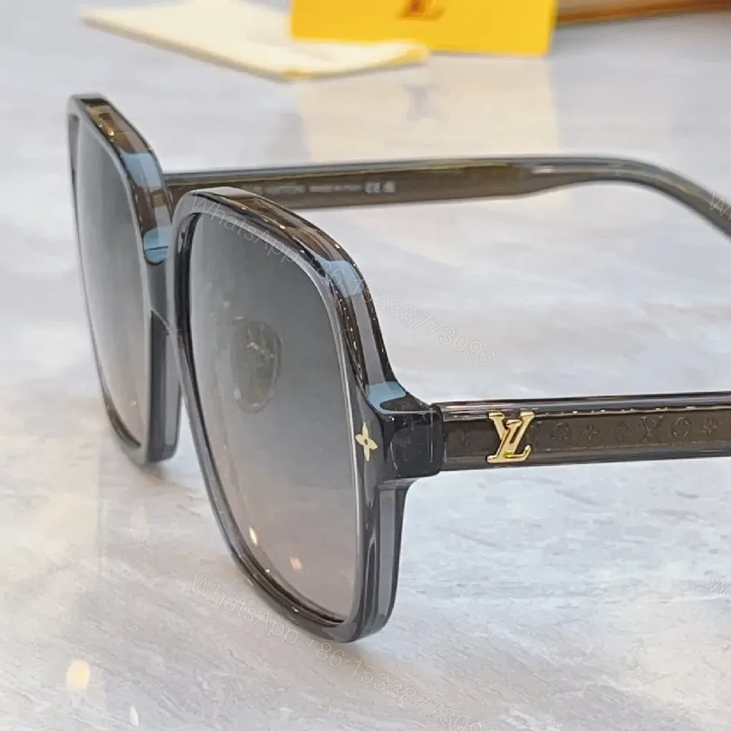 View 9 of Gray Glossy Square Sunglasses Gradient Lenses, Metal Accents, Luxury Style, Louis Vuitton Temples (No Brand Details)
