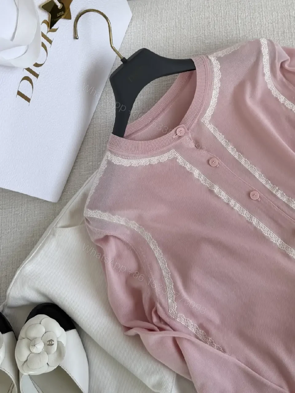 View 2 of Soft Pink Lace Trim Cardigan Knit with Embossed Eyelets (Dior-inspired)