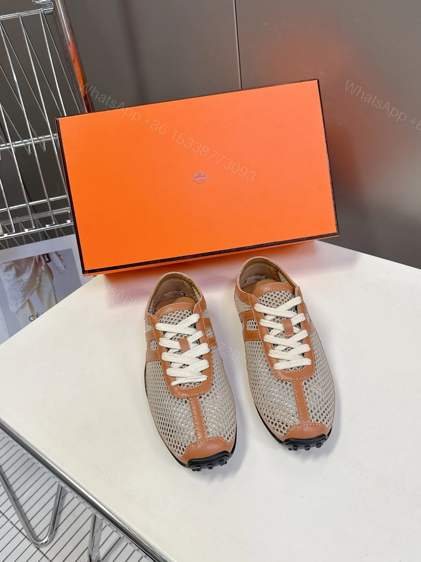 Hermes Women Beige Mesh And Tan Leather Sneakers — view 1