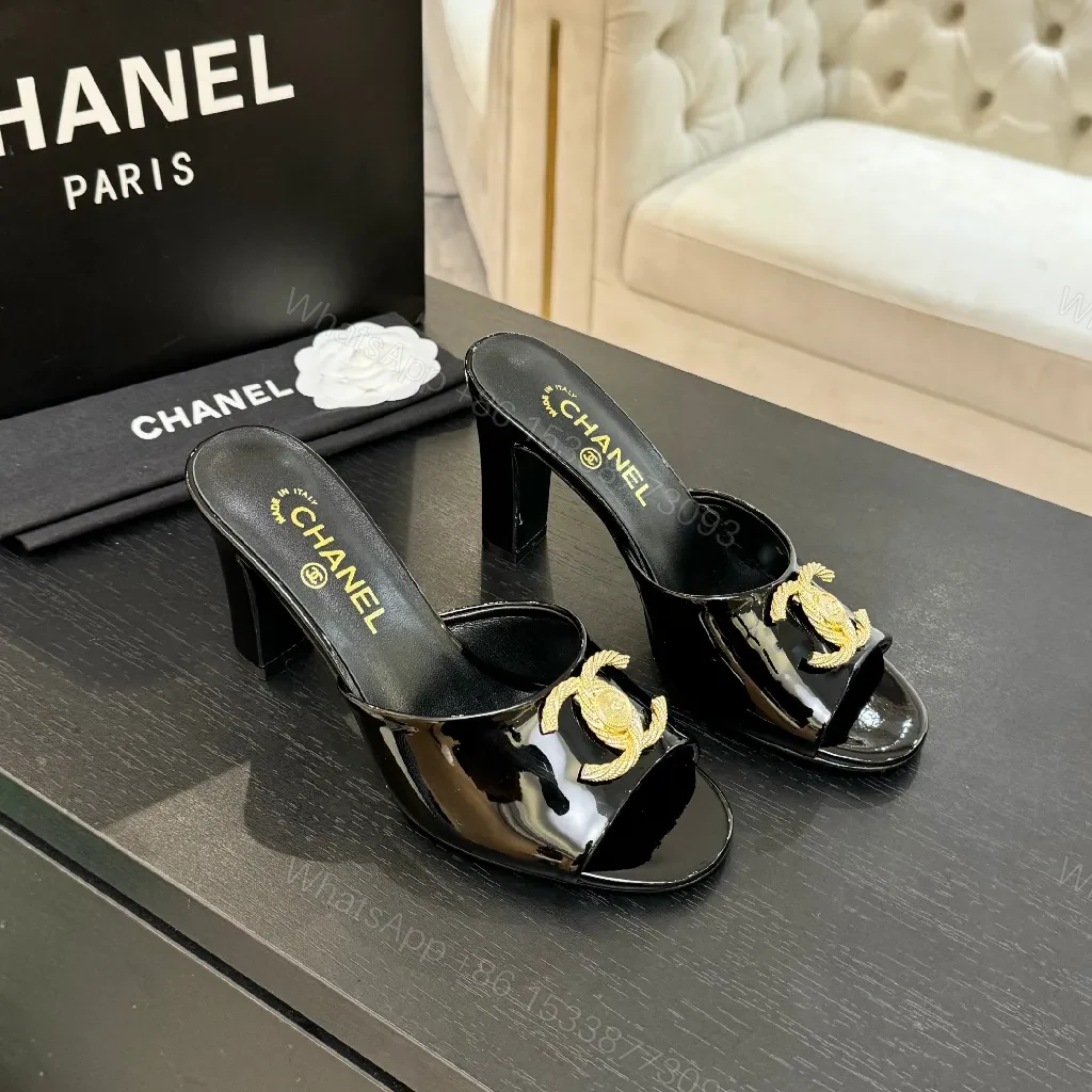 Black Patent Mule with Gold Logo Accent – Open-Toe, Block-Heel, Luxury Style — view 1