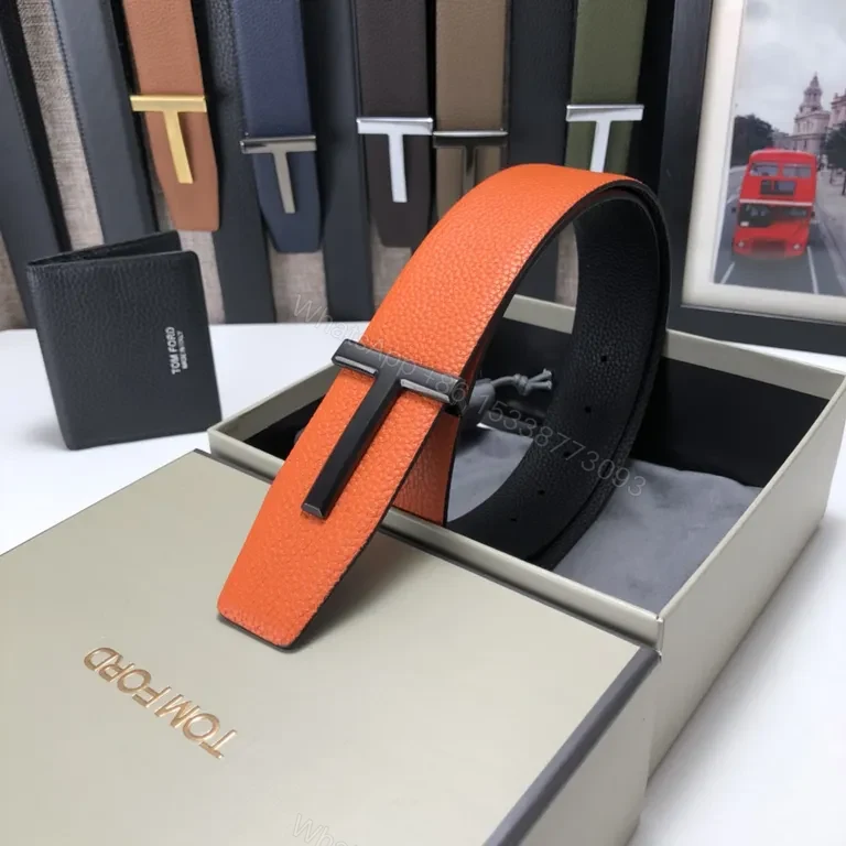 View 9 of Tom Ford Orange Leather Belt with Gold-T Buckle - Luxury Signature Gift