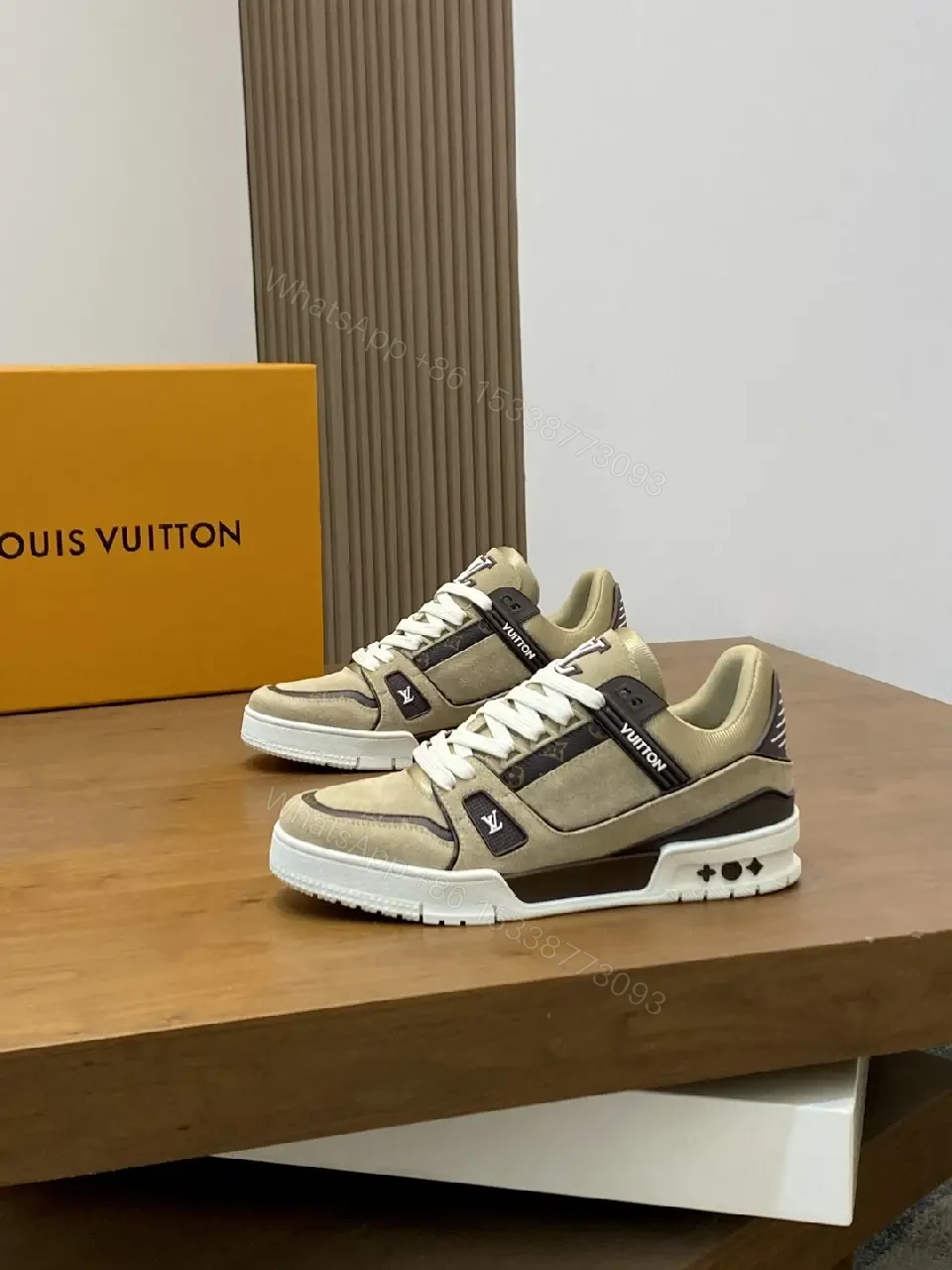 View 8 of Beige Canvas Louis Vuitton-Style Sneaker with Iconic Accents