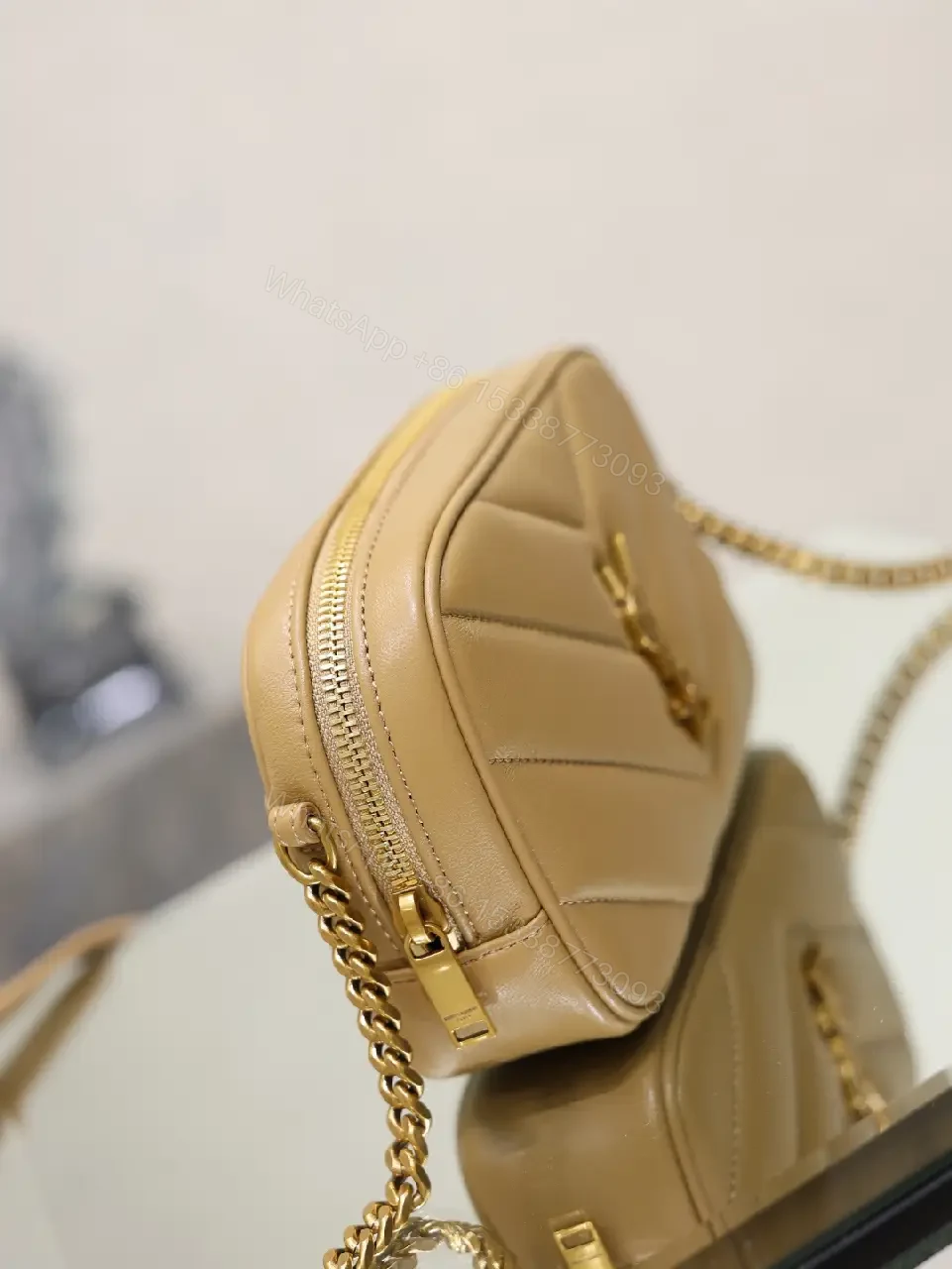 View 10 of Beige Leather Chevron Crossbody Bag with Gold YSL Logo