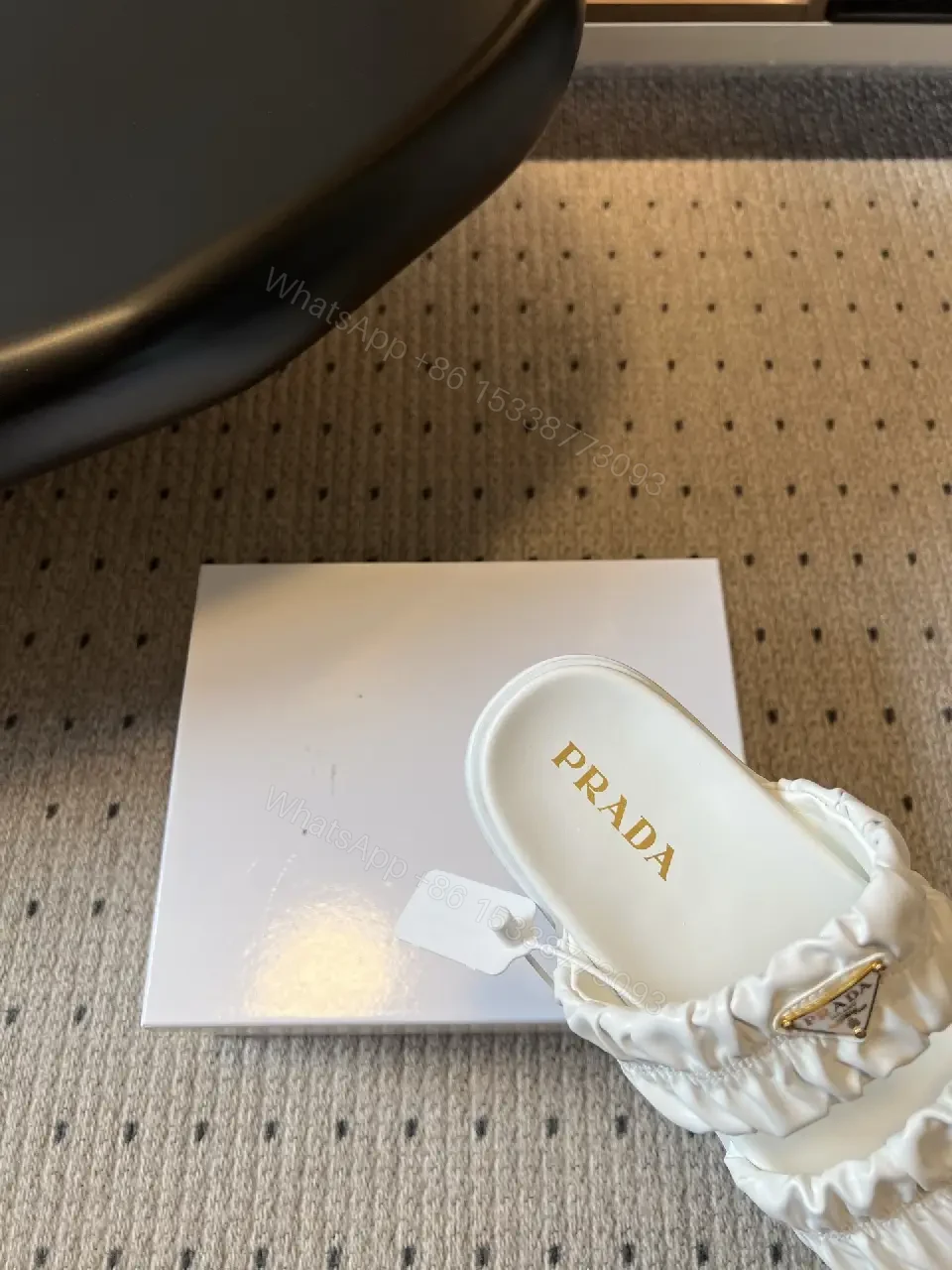 View 6 of White Leather Ruched Slide Sandals Prada Style Slide Sandals