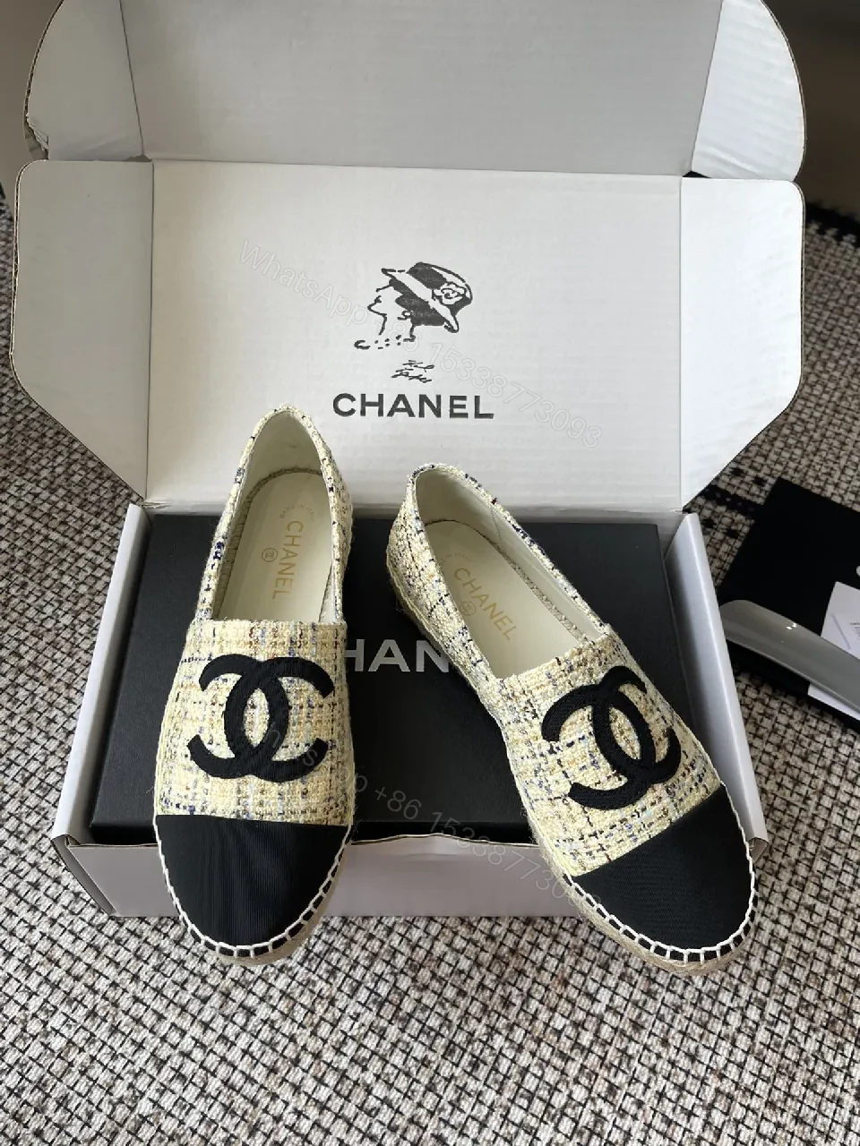 View 2 of Textured Tweed Espadrille Loafers with Logo Signature