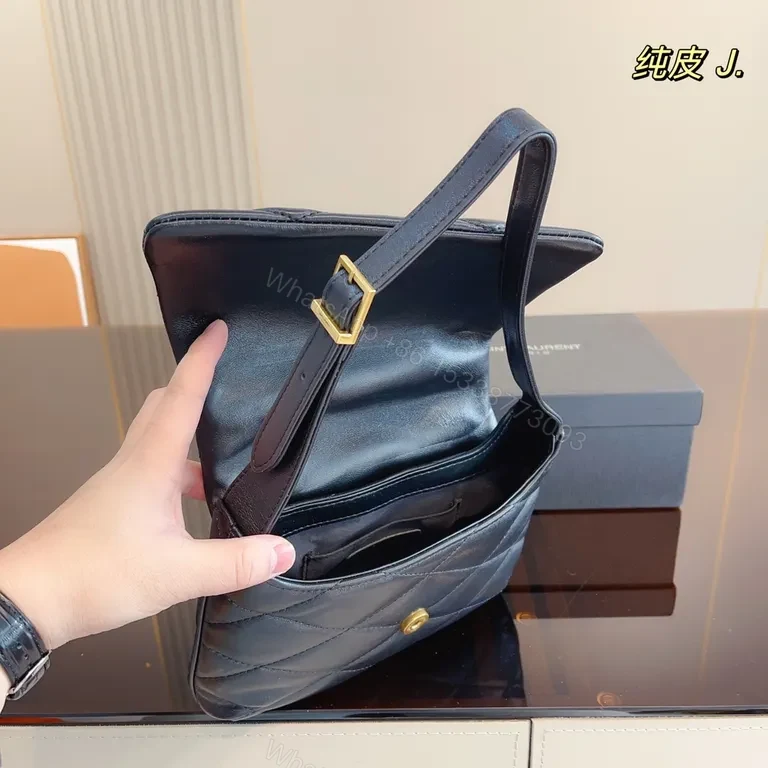 View 2 of Navy Quilted Leather Shoulder Bag with YSL Hardware