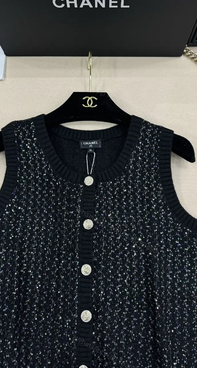 View 5 of Textured Knit Vest Set: Sparkling Buttons, Black & White