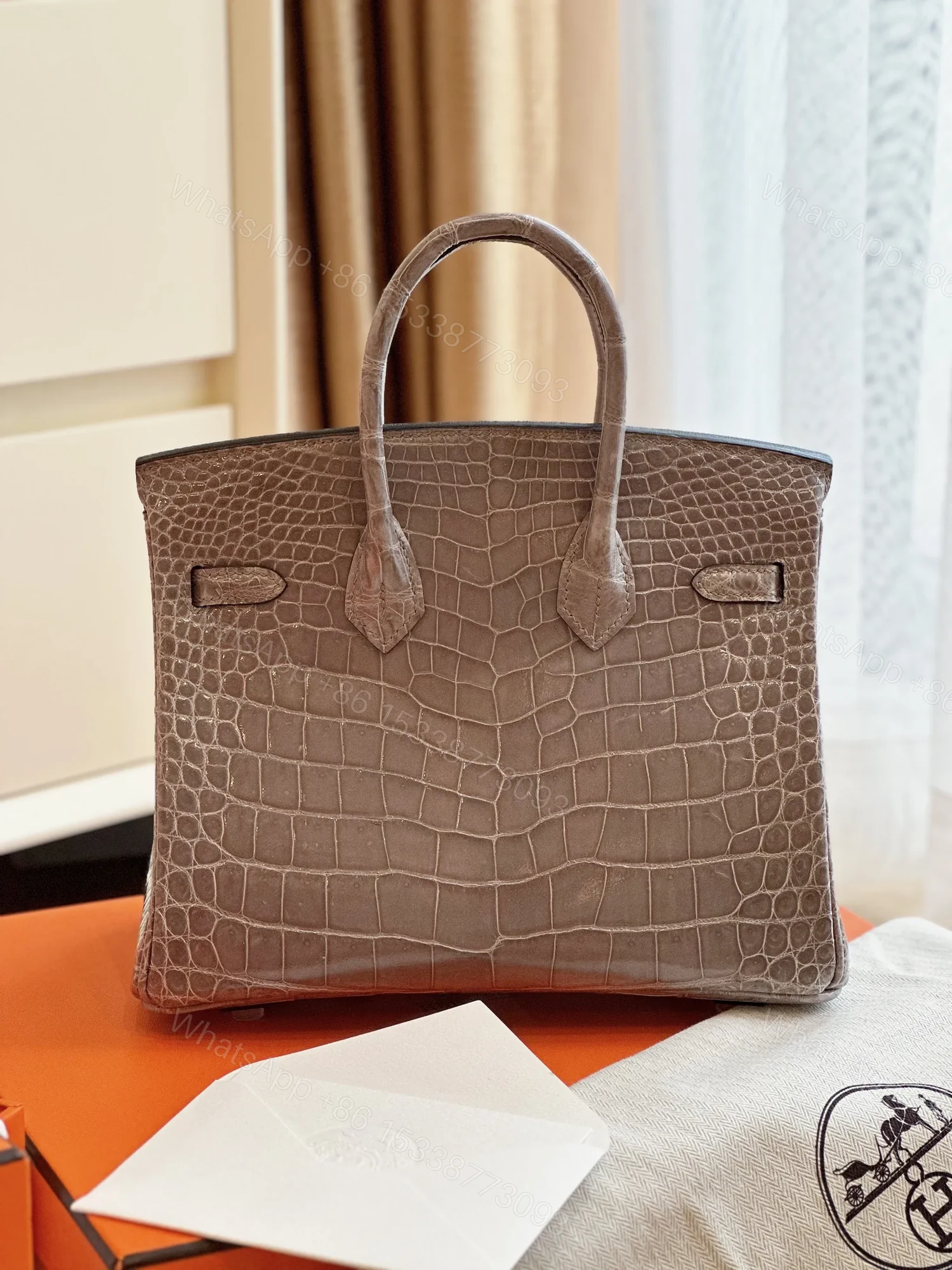 View 5 of HN Etoupe 25 Porosus Genuine Crocodile Leather Palladium Hardware