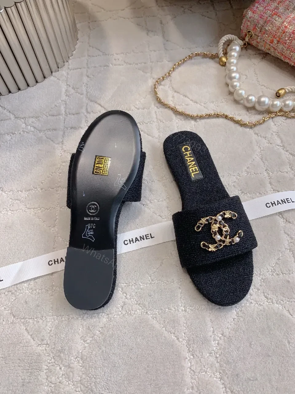 View 5 of Chanel-Inspired Textured Slider with Gold Chain Crest