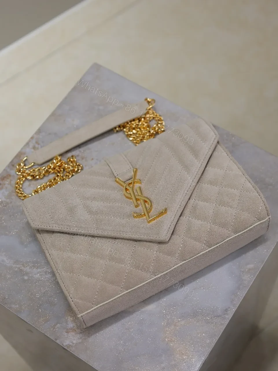 View 5 of Taupe Velvet Quilted Clutch with Gold Accent