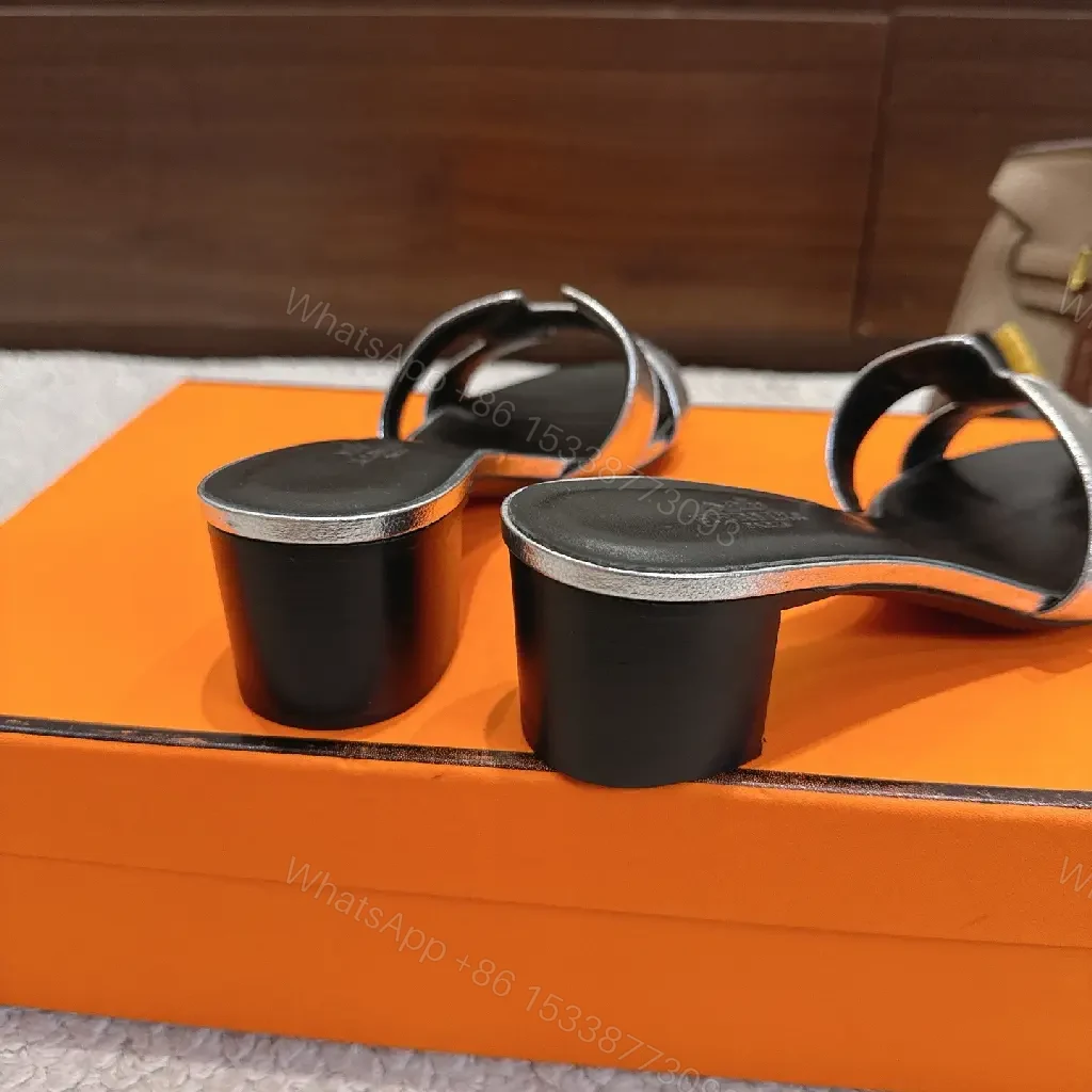 View 4 of Silver Metallic H-style Strap Sandals - Hermes Inspired Slide