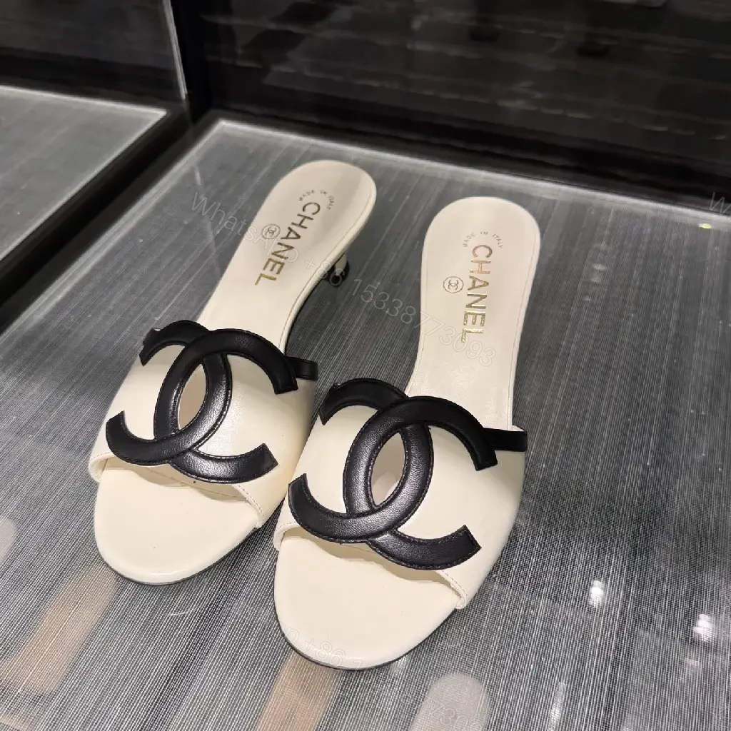 View 7 of Beige Leather Slides Black Logo Chanel Style Sandals