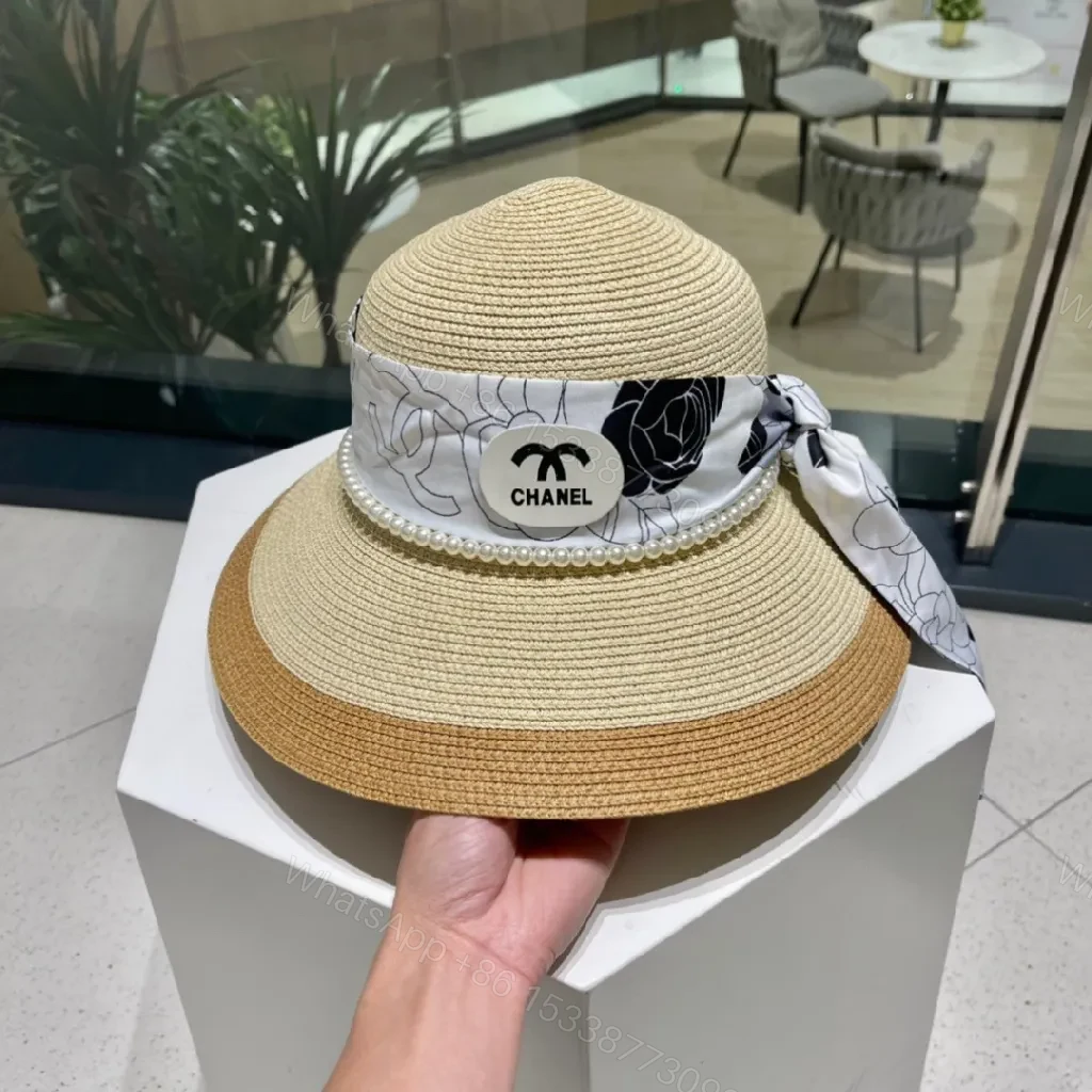 View 7 of Chic Wide-Brim Straw Hat with Pearl Band Detail