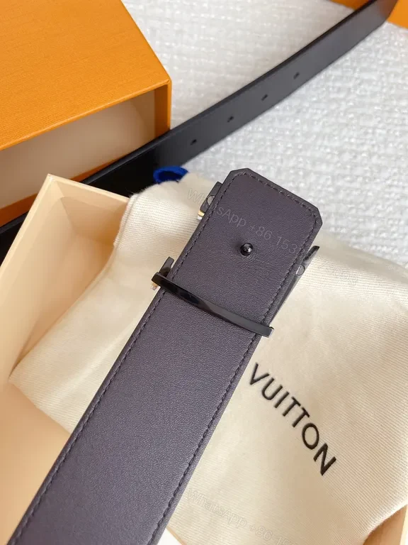 View 4 of Louis Vuitton Belt: Black Calfskin with Gold LV Buckle, 35mm