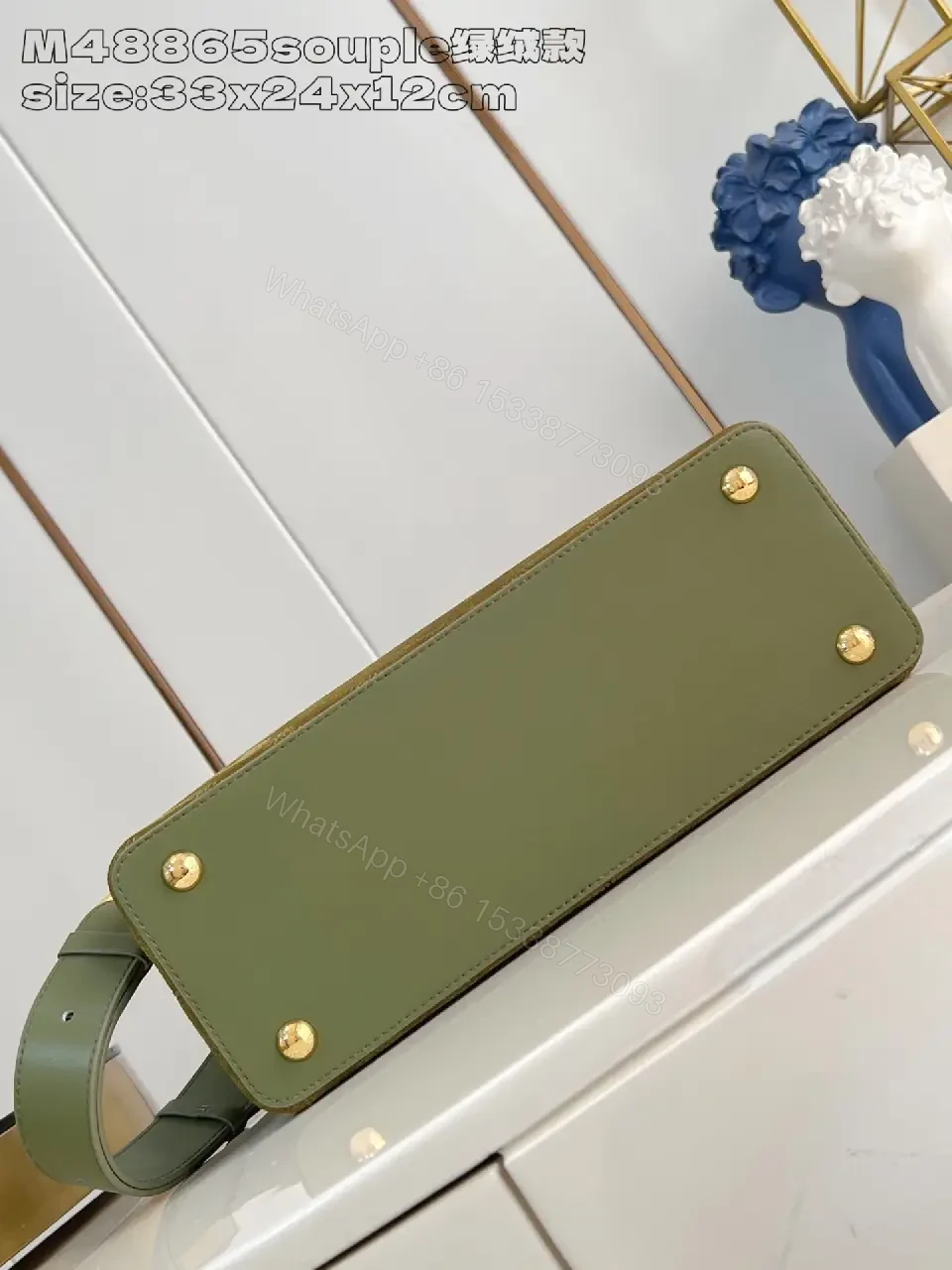 View 5 of Olive Suede Structured Handbag with Gold Accent