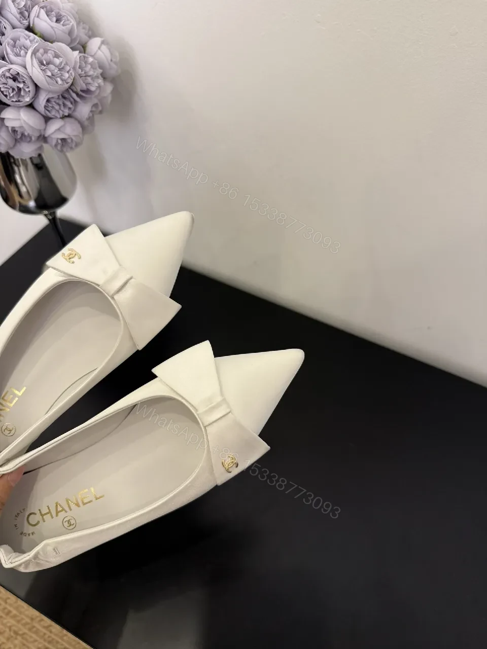 View 4 of White Textured Pointed-Toe Pumps with Bow, Luxury Flat