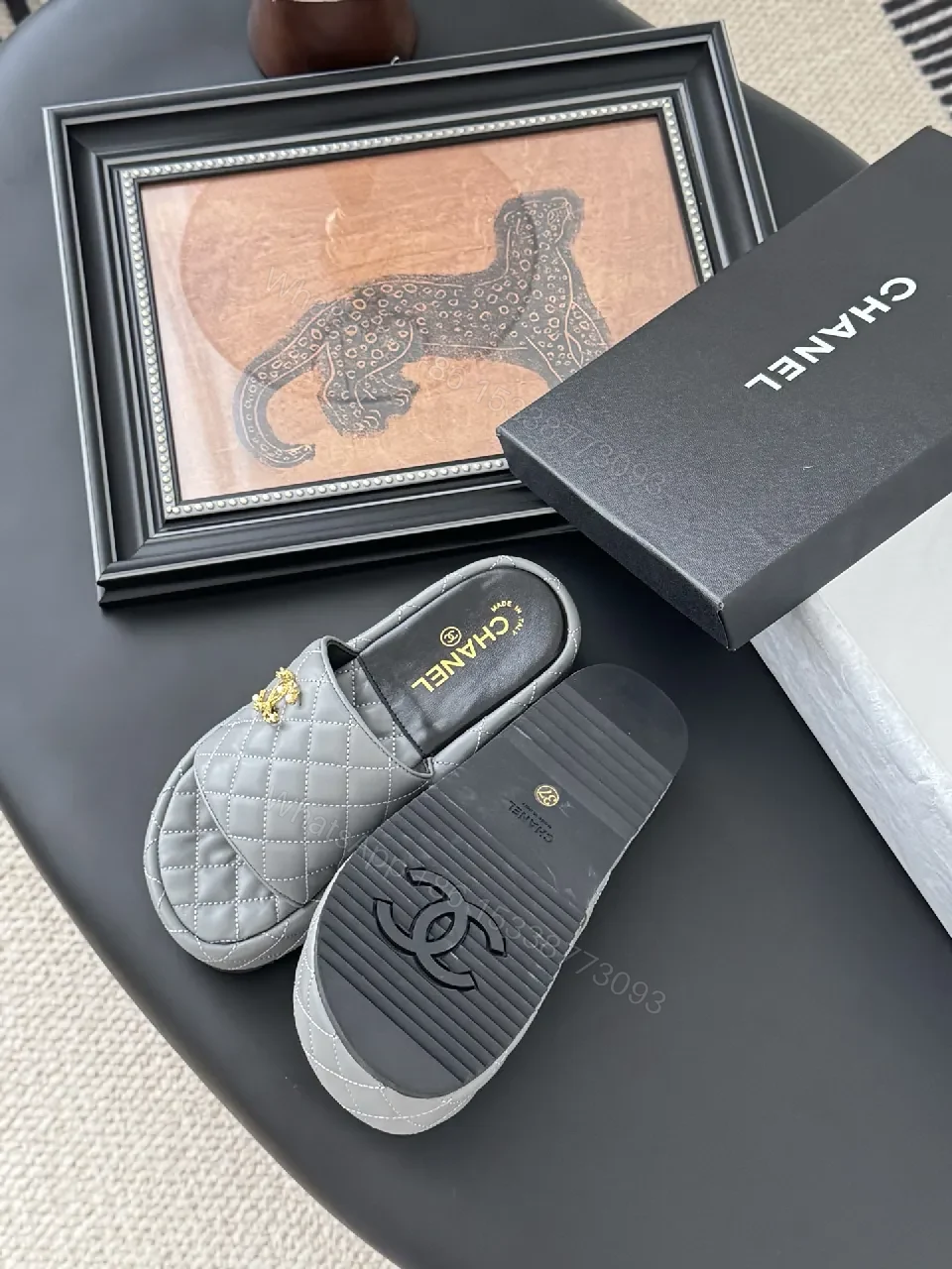 View 8 of Grey Quilted Mule & Slide Set - Lux Comfort, Gold Hardware