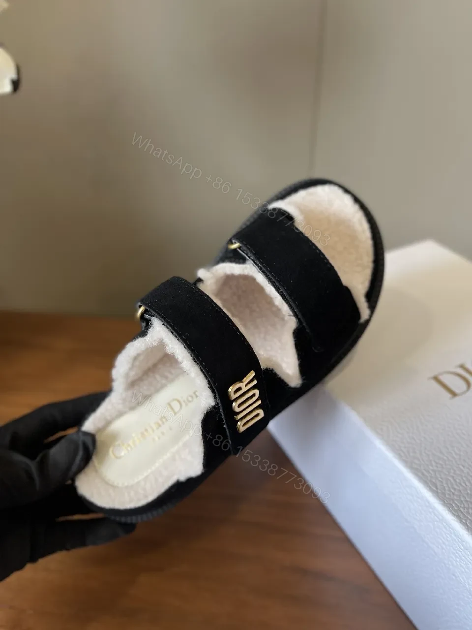 View 7 of Black/Sherpa-Textured Slides with Velcro Strap & Durable Outsole