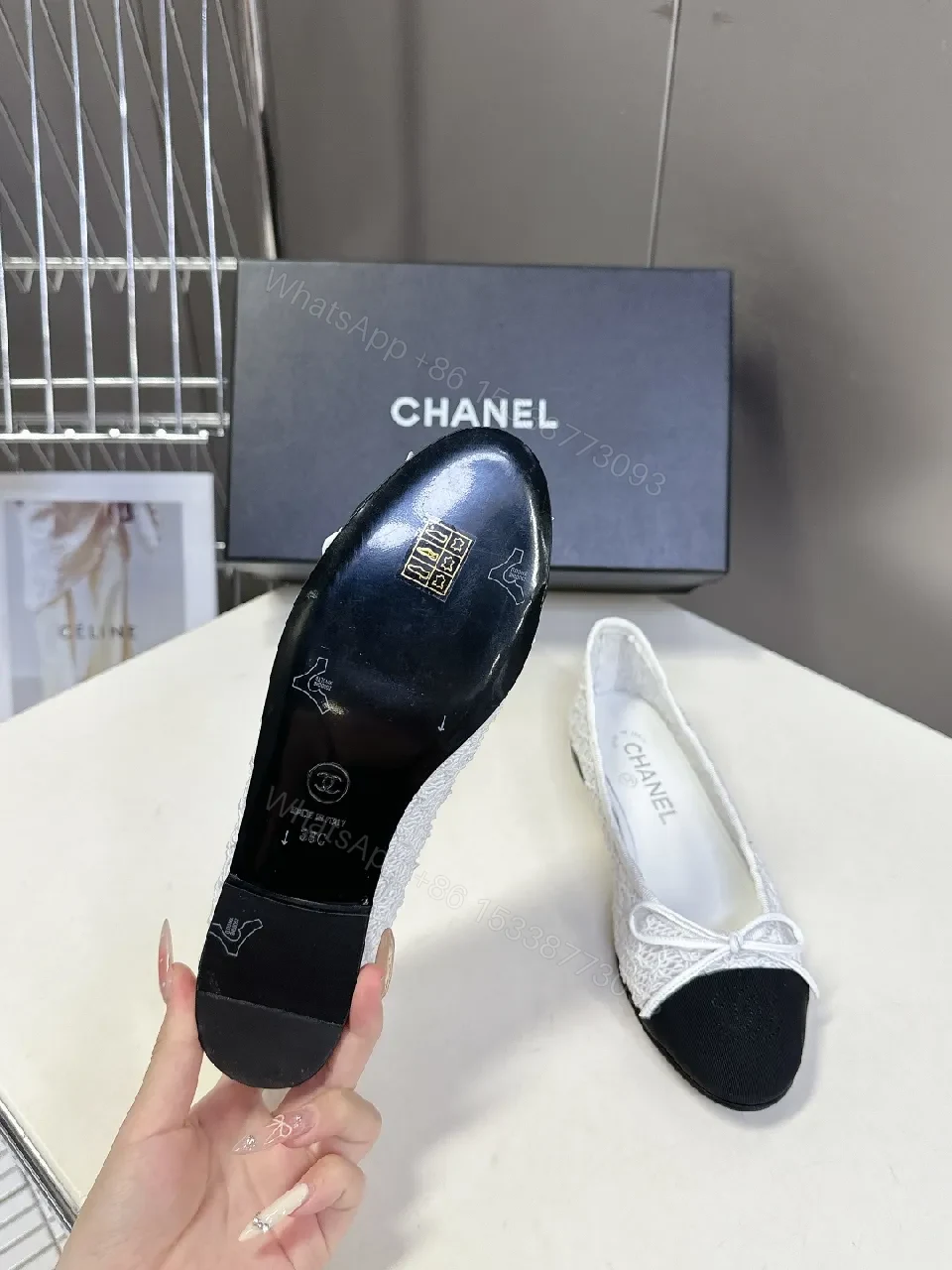 View 4 of White Lace Satin Flats + Black Toe Cap – Luxe Everyday Style
