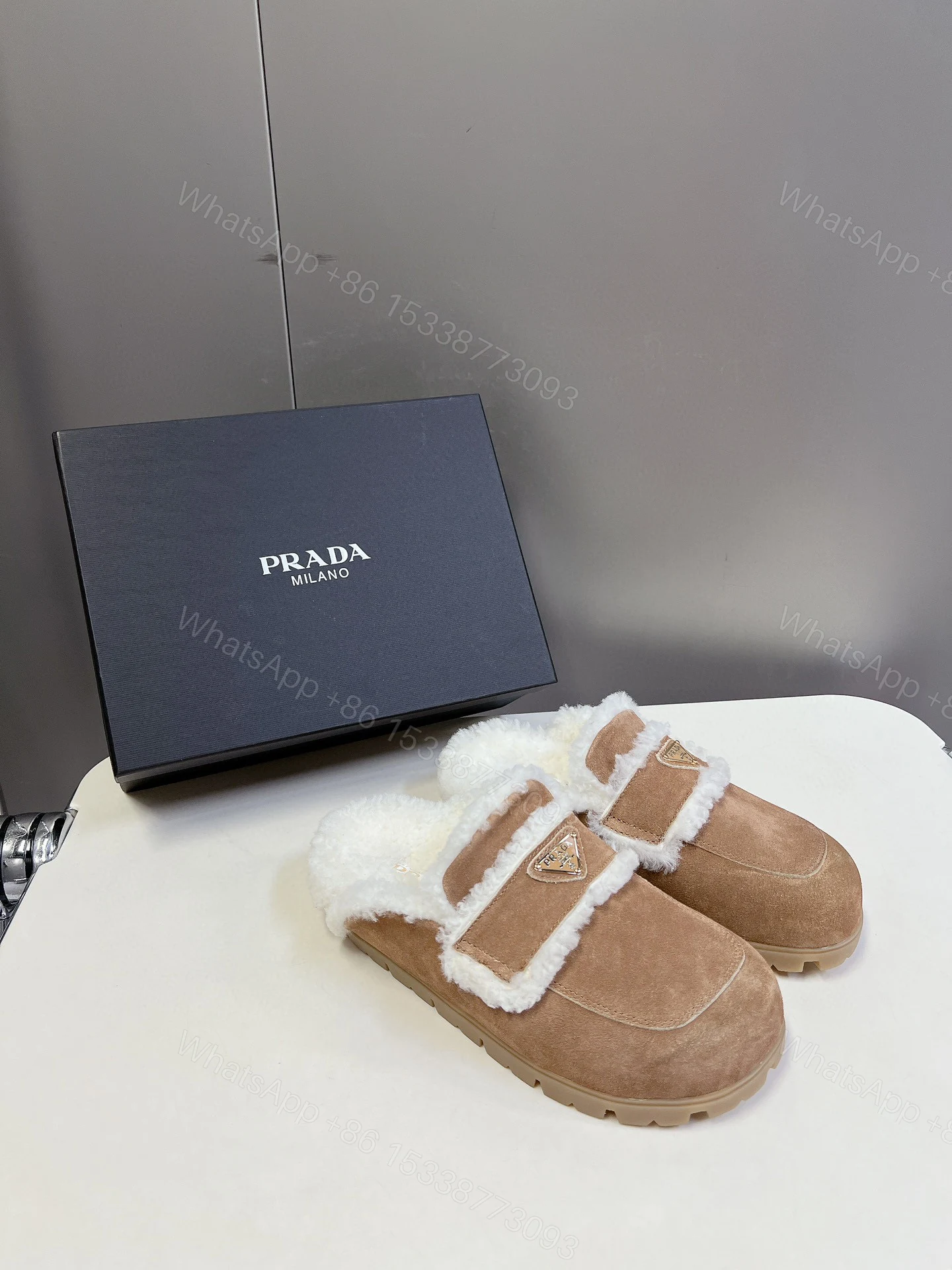 View 2 of PRADA SUEDE AND SHEARLING SLIPPERS ECRU 1S711M X0O F0379 F ZG20