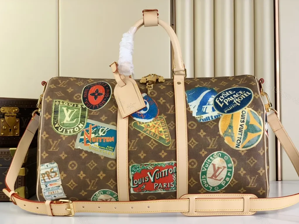 View 7 of Patchwork LV-Style Weekender: Luxury Travel Duffel with Patch Details