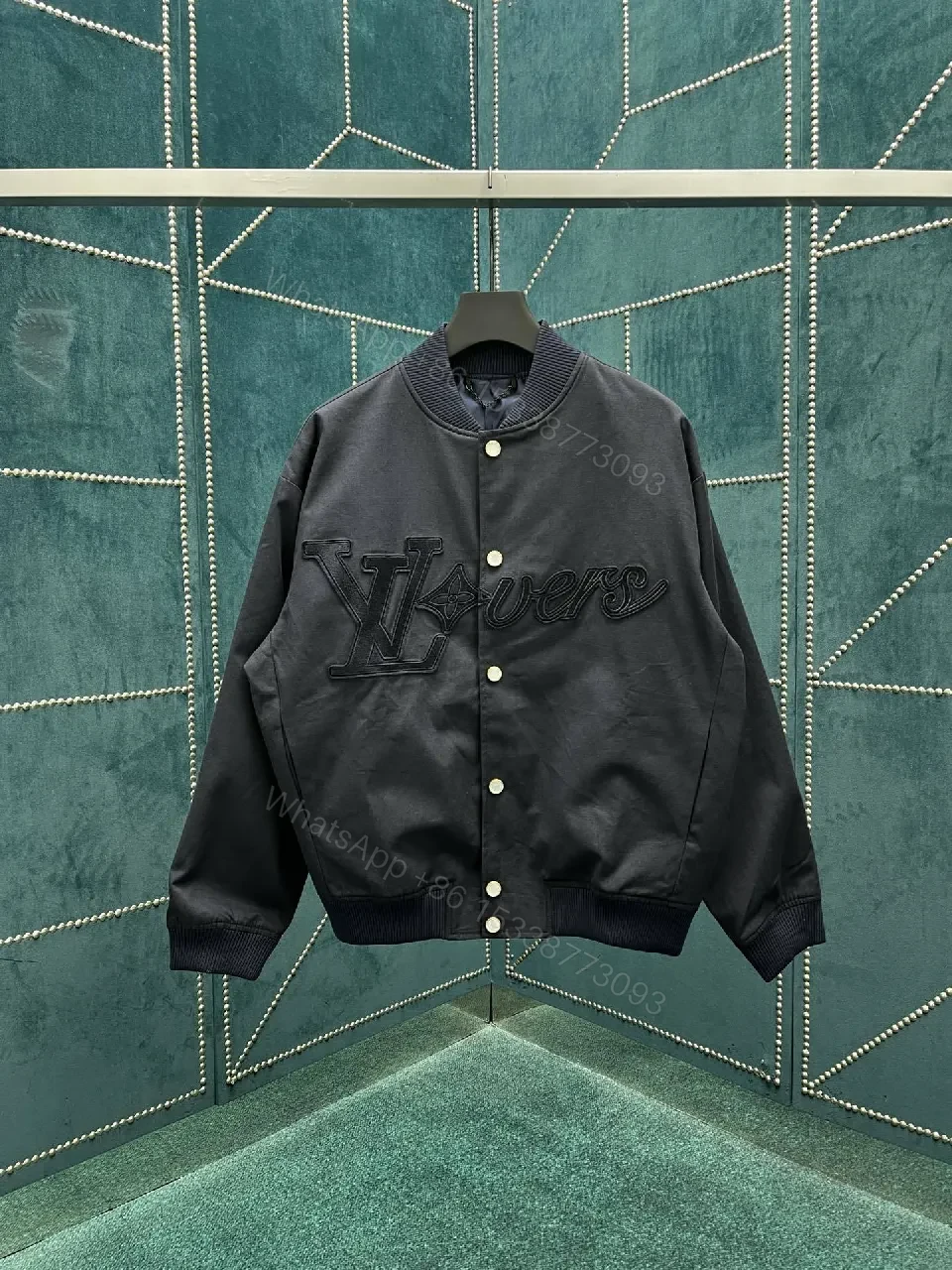 Black Embroidered Satin-Texture Varsity Jacket, Luxe Streetwear — view 1