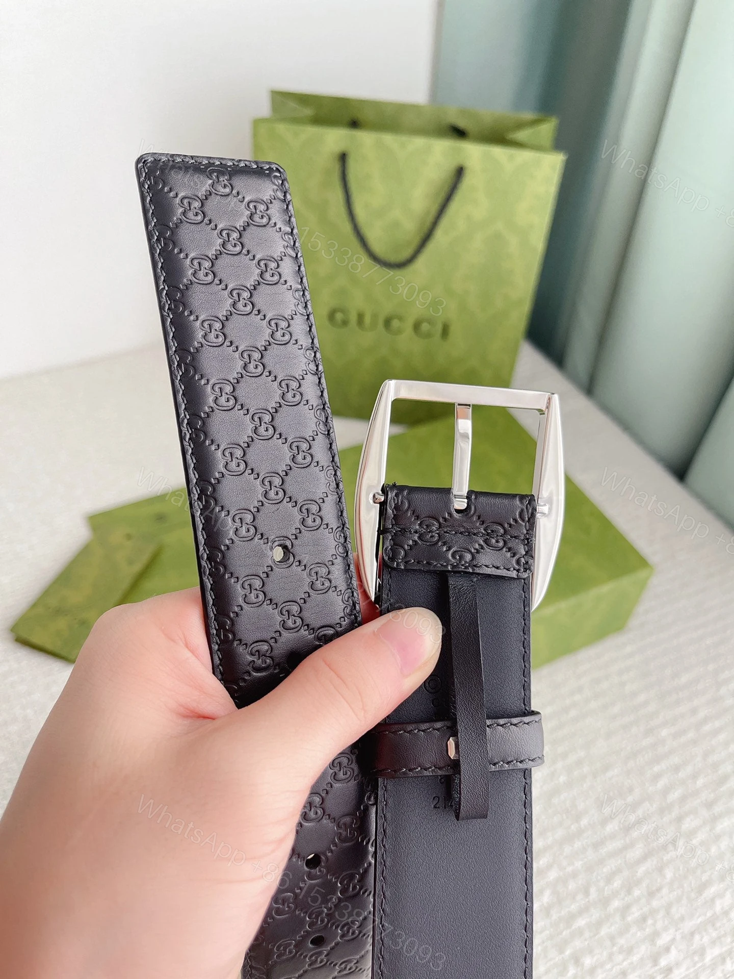 View 3 of GUCCI CALFSKIN MONOGRAM BLACK BELT SILVER METAL 4CM