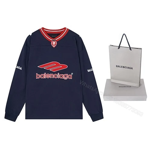 Balenciaga Clothes 3B Silhouette Ribbed V-Neck Embroidered & Printed Long-Sleeve T-Shirt Black/Blue — view 2