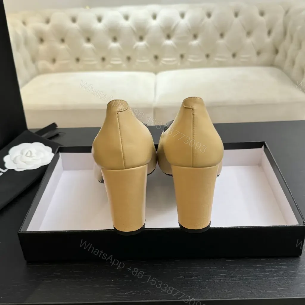 View 3 of Beige Leather Block-Heel Pumps with Hardware Details
